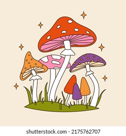 60s And 70s Vibes Psychedelic Clipart. Retro Groovy Mushrooms Vector. Cartoon Hippie Mystic Forest Elements. Vintage Boho Illustration. Abstract Trippy Art