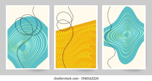 60s art canvas. Set of geometric shapes and lines. Imitation watercolor painting texture brochure design. 1960s style. Minimalist hand painted shapes, gold lines.