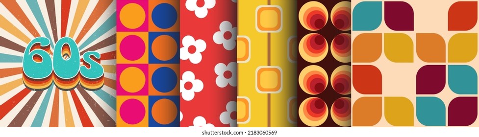 60's Collection of seamless patterns for wallpapers, graphic projects, textiles and apparel. Retro set of vintage designs. 