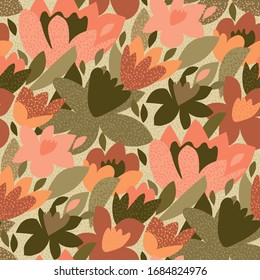 60s deep green and cantaloupe orange flowers seamless pattern for background, wrap, fabric, textile, wrap, surface, web and print design. Modern abstract style floral repeatable motif 