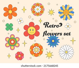 60s flowers sticker set. Floral hippie patches, groovy badges. Retro vibes - isolated vector elements