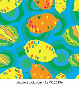 60's Lemons-Fruit Delight seamless Repeat Pattern illustration .Background in yellow orange Red blue and Green. Retro Pattern Background. Surface pattern Design, Perfect for Fabric, Scrapbook