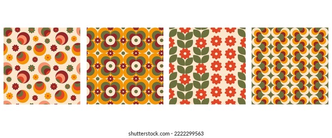60s retro geometric floral seamless patterns set for fabric, stationery, wallpaper or print material.
