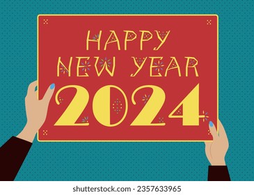 60s Retro New Year Greeting - Vibrant Happy New Year 2024 card. Two hands, complete with blue manicured nails, clutching a vivid poster. Yellow signs adorned with geometric decorations, red background svg