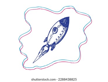 Retro Rocket Speeds Up 60s umgeben von einem Kraftfeld. Bearbeitbare Clipart Art.