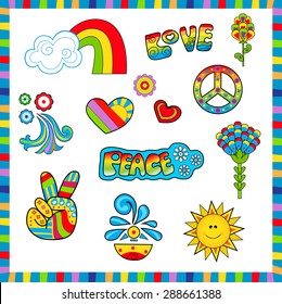 60's Style Icons - Groovy Colorful Sixties Style Icons With Peace And Love Signs. Eps10