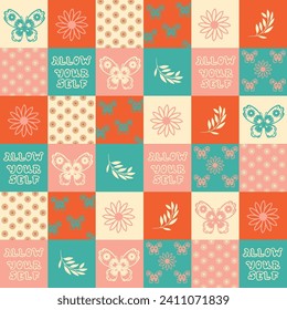 60s style seamless pattern with butterflies, flowers, Groovy graphic print, text Allow yourself. Chequered background. Flower retro artwork. patchwork ornament