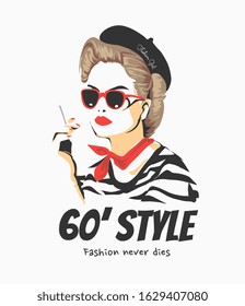 60's style slogan with vintage fashion girl illustration