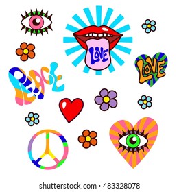 60s style vector badges collection. trendy patchs vector set. mouth, eye, peace vector psychedelic.