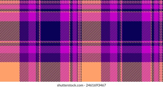 60s vector textile plaid, cool tartan fabric background. Large pattern texture seamless check in purple and indigo color.