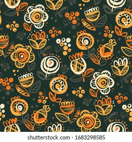 60s vibes orange on black floral seamless pattern for background, fabric, textile, wrap, surface, web and print design. Shabby hipster and rustic vibes flowers rapport.
