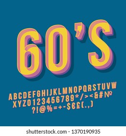 60s vintage 3d vector lettering. Retro bold font. Pop art stylized text. Old school style letters, numbers, symbols pack. 90s, 80s poster, banner, t shirt typography design. Dark blue color background