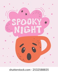 60s vintage girly poster. Ready greeting card for 31th October. Cute Halloween lettering slogan of Spooky night with cup icon. Nostalgia for 1960 - 1970.