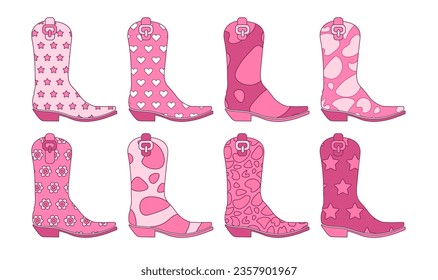 60s vintage pink Cowgirl boots collection with various ornaments. Howdy Cowboy western and wild west theme. Hand drawn vector set.