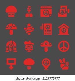 60s web icons. Mushroom and Artist, Peace and Peace symbol, vector signs