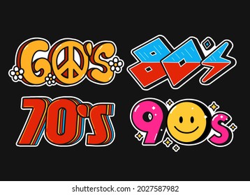 60s,70s,80s,90s party vintage retro style signs logo set collection.Vector doodle illustration logo icon.Sixties,seventies,eighties,nineties years,60s,70s,80s,90s disco logo flyer bundle art concept 