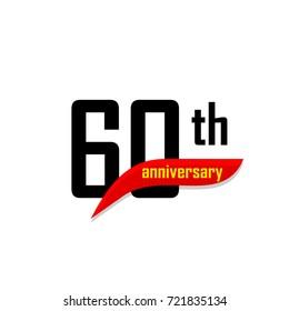 60th Anniversary abstract vector logo. Sixty Happy birthday day icon. Black numbers witth red boomerang shape with yellow text 60 years.