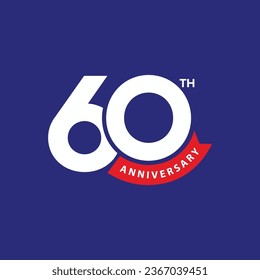 60th anniversary banner design with modern letter logo o number 60 and red ribbon on blue background. Company 60 years celebration badge design. Birthday wishing template, poster, greeting card.