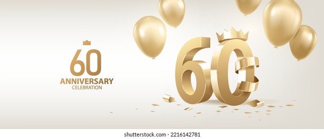 60th Anniversary celebration background. 3D Golden numbers with a crown, confetti and balloons.
