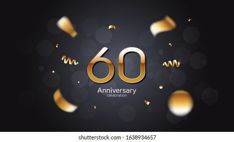 60th anniversary celebration Gold numbers editable vector EPS 10 shadow and sparkling confetti with bokeh light black background. modern elegant design for wedding party or company event decoration