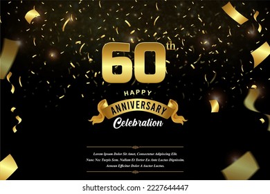 60th anniversary celebration Gold numbers with dotted halftone, shadow and sparkling confetti. modern elegant design with black background. for wedding party event decoration.
