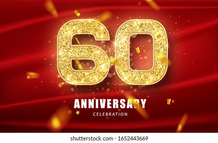 60th Anniversary celebration. Golden glitter numbers with sparkling confetti. Vector festive illustration. Realistic Party event decoration.