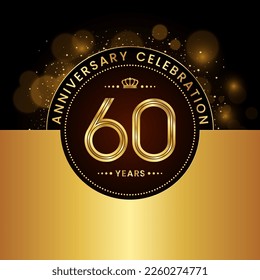 60th Anniversary Celebration. logo design with golden numbers and text for birthday celebration event, invitation, wedding, greeting card, banner, poster, flyer, brochure. Logo Vector Template