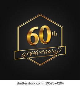 60th Anniversary Celebration. Anniversary logo with hexagon and elegance golden color isolated on black background, vector design for celebration, invitation card, and greeting card