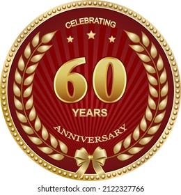 60º aniversario de la celebración diseño vectorial del logo, tarjeta de saludo con corona laurel en círculo dorado sobre fondo rojo con rayos. 