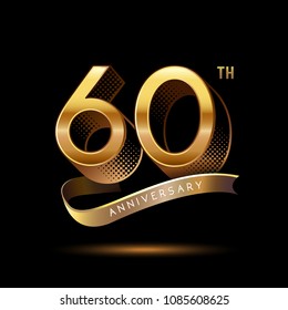 60th Anniversary celebration logotype colored with shiny gold, using ribbon and isolated on black background