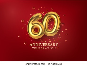 60th Anniversary celebration. Number in the form of golden balloons. Realistic 3d gold numbers and sparkling confetti, glitters. Horizontal template for Birthday or wedding event. Vector illustration