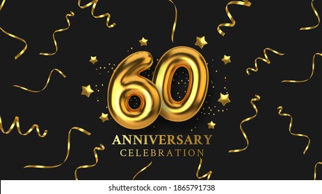 60th Anniversary celebration. Number in the form of golden balloons. Realistic 3d gold numbers and sparkling confetti, serpentine. Horizontal template for Birthday or wedding event. Vector