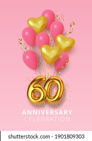 60th Anniversary celebration Number in the form heart of golden and pink balloons. Realistic 3d gold numbers and sparkling confetti, serpentine. Vector illustration.