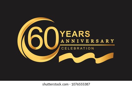 60th anniversary design logotype golden color with ring and gold ribbon for anniversary celebration