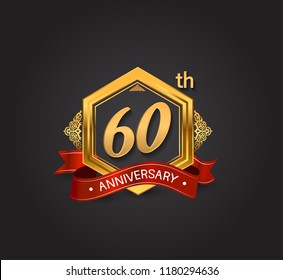 60th anniversary design logotype style with golden hexagon, ornament and red ribbon for use in celebration event.