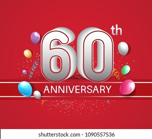 60th anniversary design red background with balloons and confetti for company celebration event 
