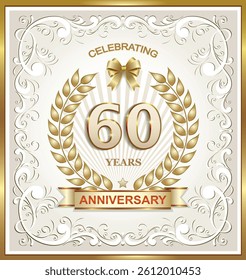 60th Anniversary design template with laurel wreath in golden frame with creative pattern on light background with ribbon for poster, banner, brochure, magazine, booklet, invitation, greeting card. 