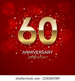 60th Anniversary. Golden number 60 with sparkling confetti and glitters for celebration events, weddings, invitations and greeting cards. Realistic 3d sign. Vector festive illustration