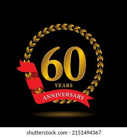 60th Anniversary logo. Anniversary celebration template design with golden ribbon for booklet, leaflet, magazine, brochure poster, banner, web, invitation or greeting card. Vector illustrations.