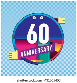 60th anniversary logo with colorful circle badge. Anniversary signs illustration. Vibrant colors anniversary logo with geometric shape and circle ring