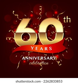 60th Anniversary logo design with golden numbers and red ribbon for anniversary celebration event, invitation, wedding, greeting card, banner, poster, flyer, brochure, book cover. Logo Vector Template