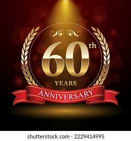 60° Aniversario. Diseño del logo del aniversario con corona Laurel y cinta roja para la celebración del evento, boda, invitación, tarjeta de saludo. Ilustración del vector