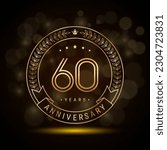 60th anniversary logo with golden laurel wreath and double line numbers, template design for anniversary celebration event, double line style vector design