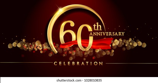 60th anniversary logo with golden ring, confetti and red ribbon isolated on elegant black background, sparkle, vector design for greeting card and invitation card