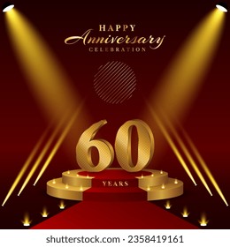 Logo del 60º aniversario con números y podio en color oro, diseño de logotipo para evento de celebración, invitación, tarjeta de saludo, banner, afiche y flyer, plantilla vectorial