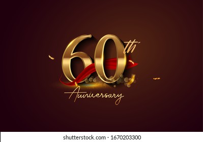 60th anniversary logo with red ribbon and golden confetti isolated on elegant background, sparkle, vector design for greeting card and invitation card.