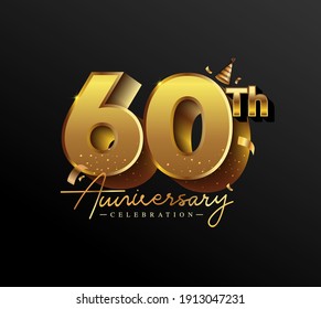 60th Anniversary Logotype with Gold Confetti Isolated on Black Background, Vector Design for Greeting Card and Invitation Card