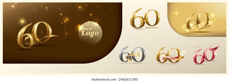 Logotipo del 60 aniversario número de oro moderno con cinta brillante. número de logotipo alternativo