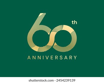 60th Anniversary luxury gold celebration with Abstract Curved Wave Lines in number logo typography vector design twisted infinity concept. Sixty years anniversary gold template for business, event.