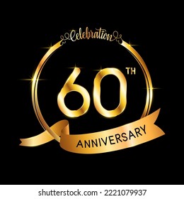 60th Anniversary. Perfect template design for Anniversary celebration event with gold color ribbon and ring, vector illustration